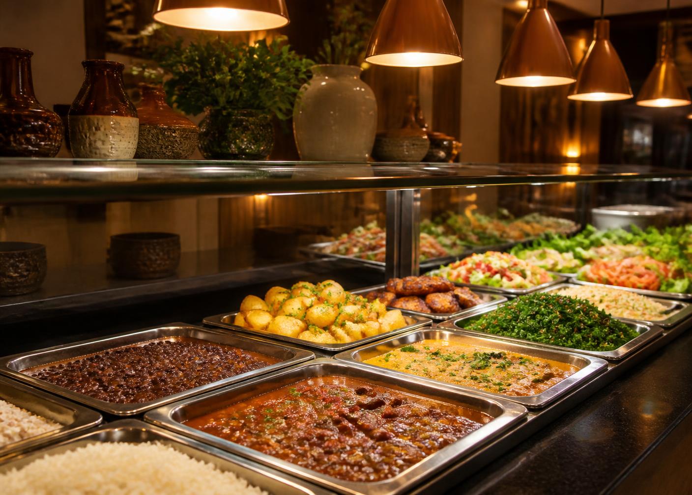 Buffet de self service com arroz, feijão, ensopados, legumes e saladas em cubas de inox